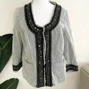 INC Womens Gray Railroad Stripe Cotton Blazer Beaded Trim Blazer Size Large